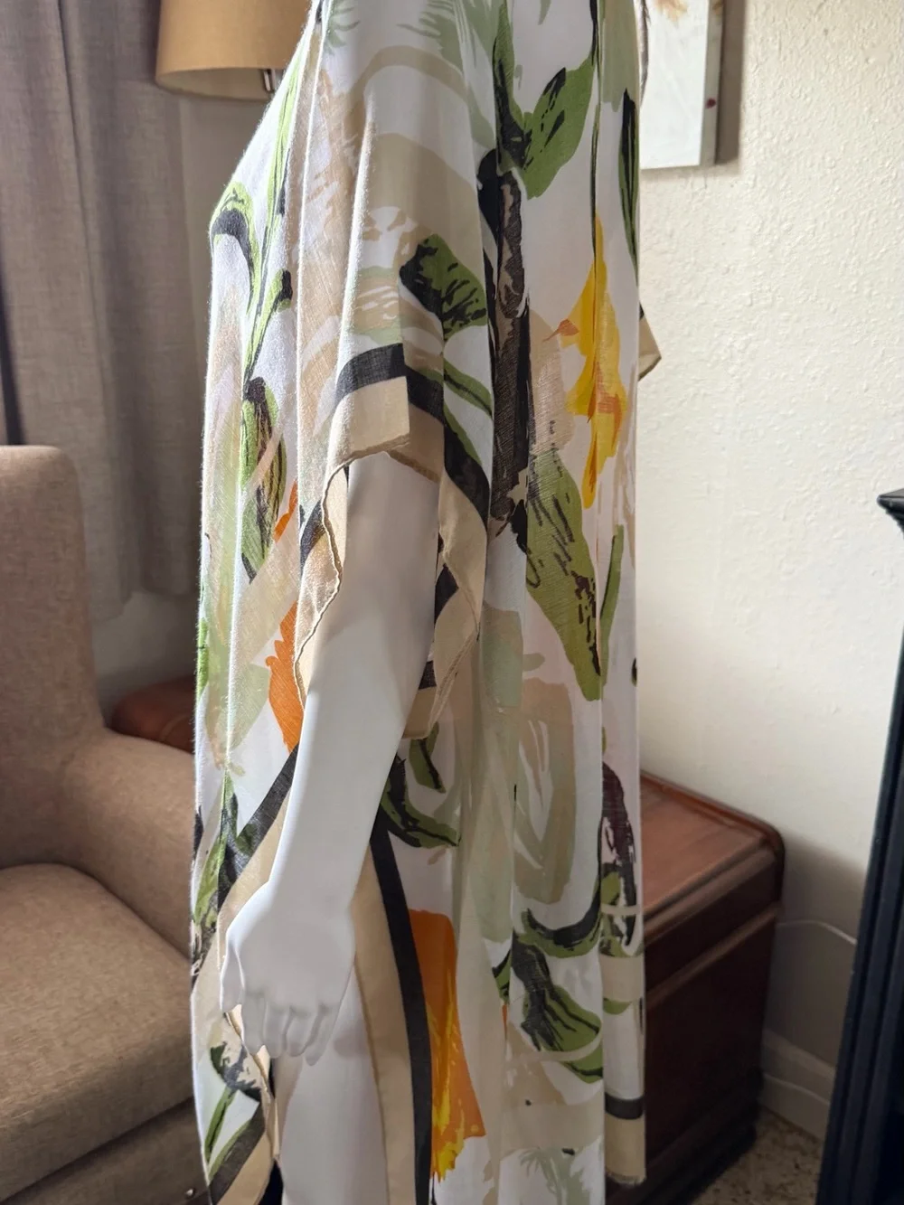 Floral Open Front Kimono in White, Green & Bright Accents