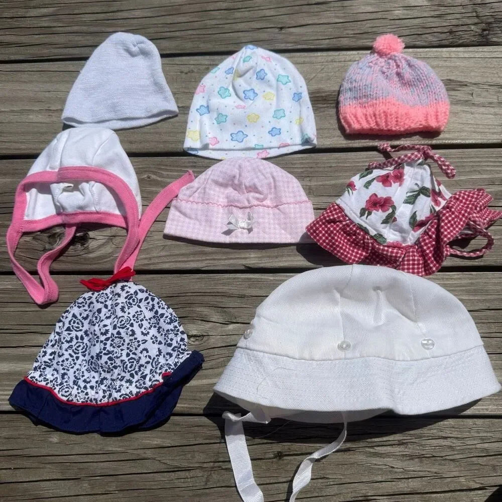 Vintage Baby Hat Bundle 8 Piece Newborn 0-6 Months Mixed Caps Bonnets
