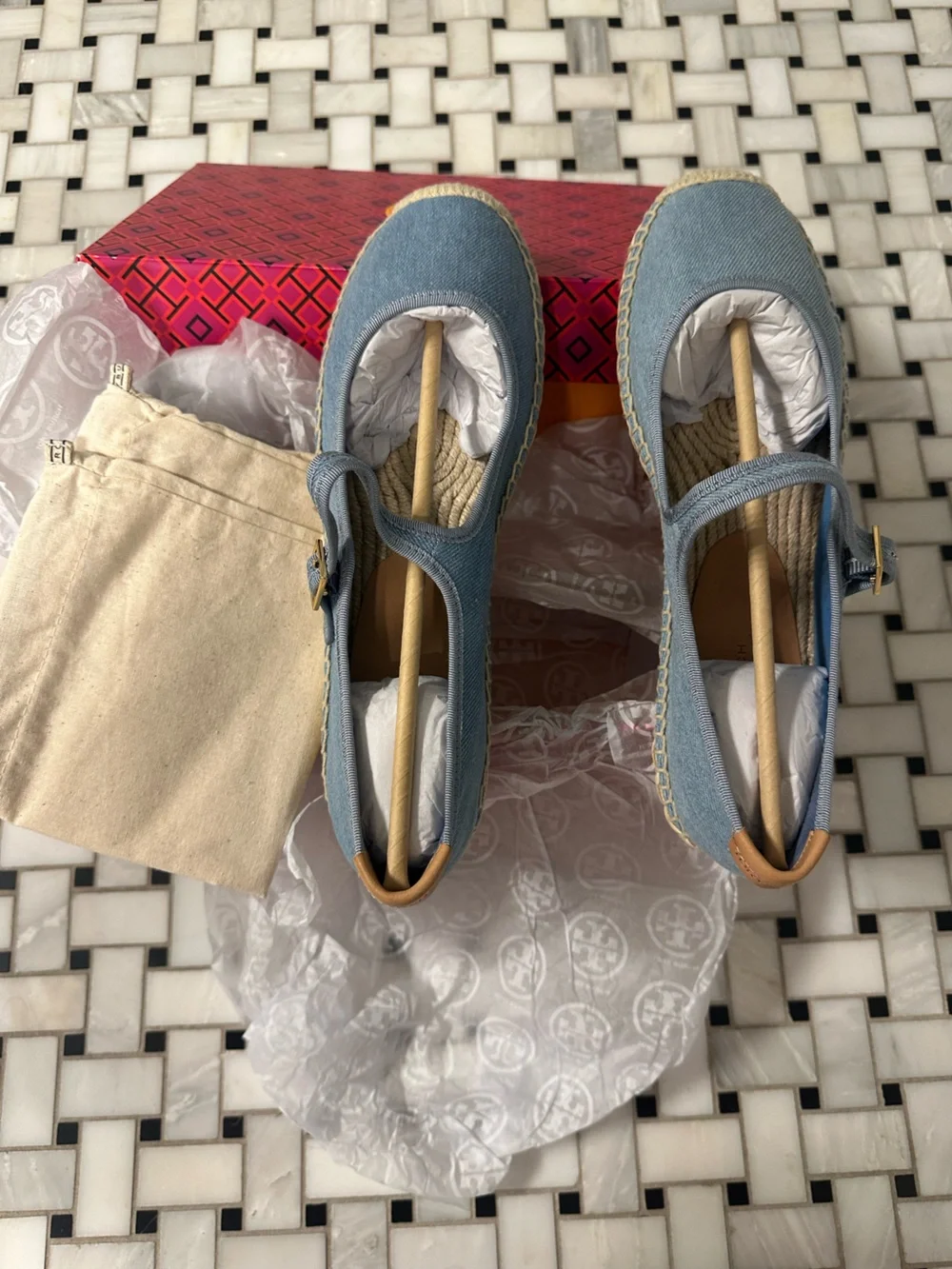 Tory Burch Denim Blue Espadrille Flats with Natural Jute Trim NWT