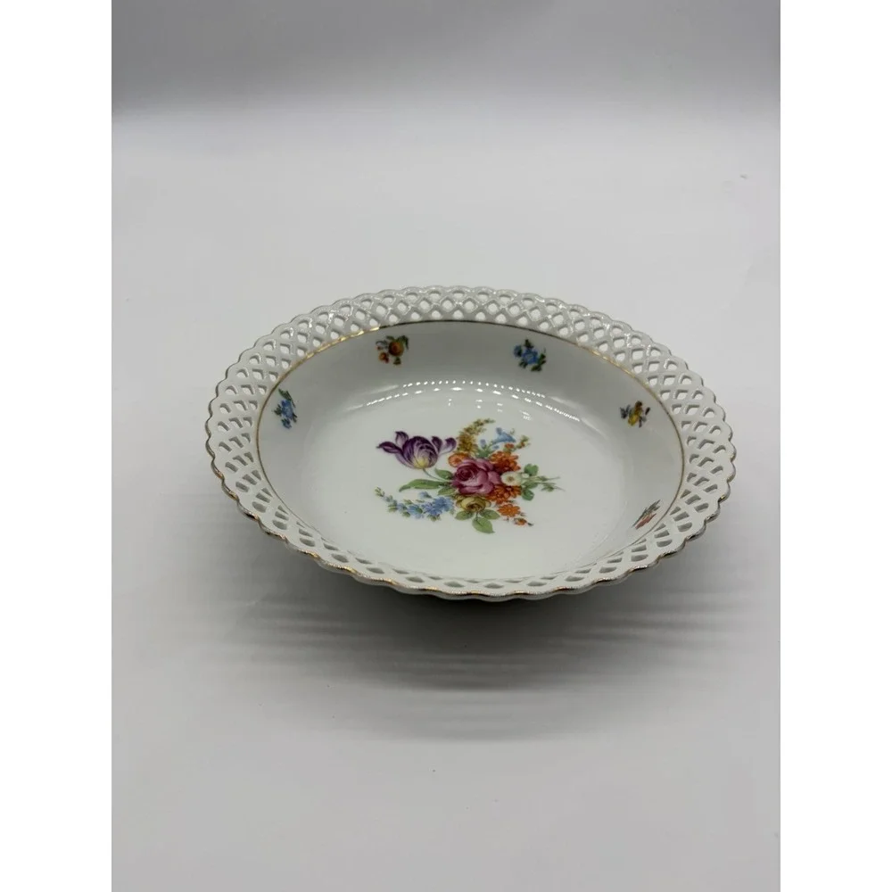 Vtg Schumann Reticulated‎ Dresden Flowers Porcelain Bowl 9