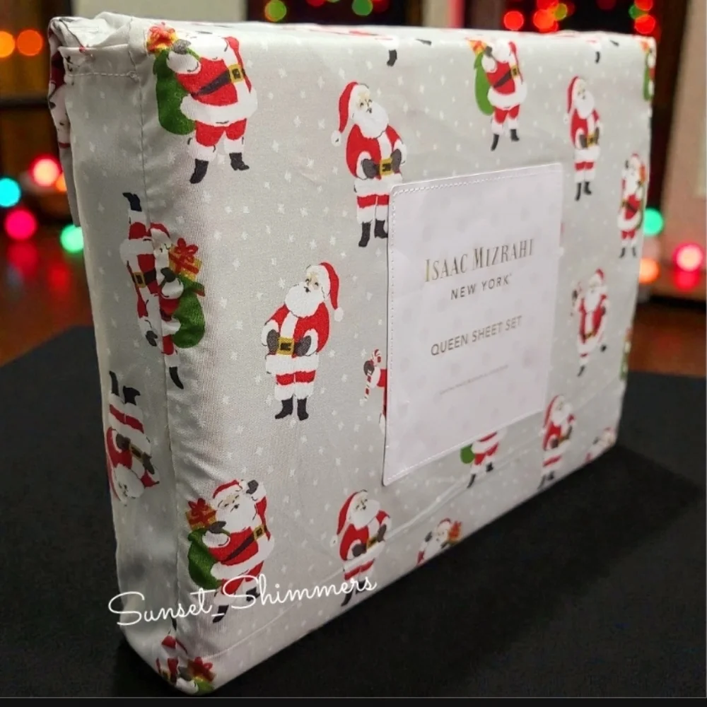 4pc Issac Mizrahi Gray Santa Clause Snowflake QUEEN Bed Sheet Set Decor NEW
