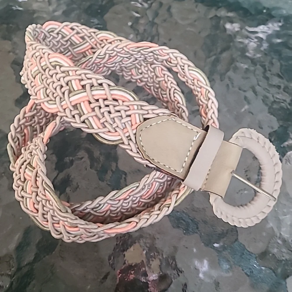 Beautiful braided belt made in India size 9 NEUTRAL‎ TAN WHITE PINK