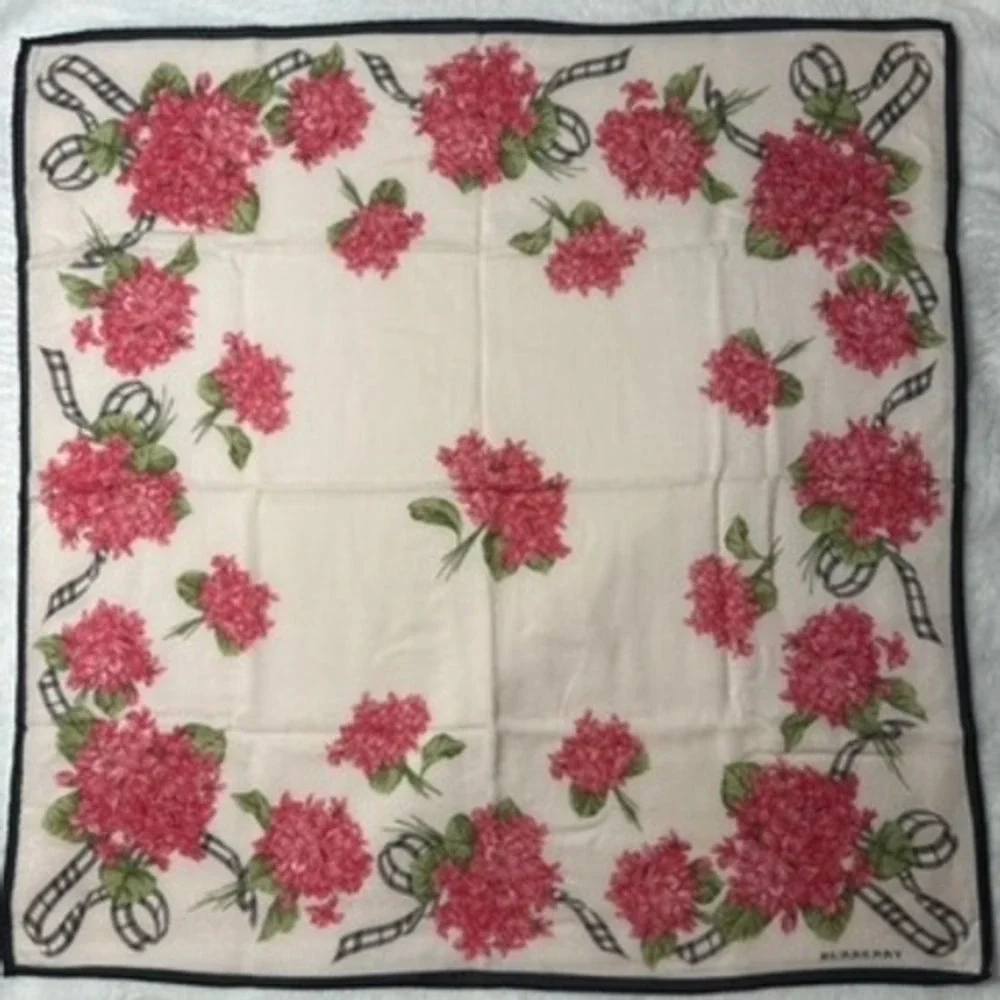 Vtg BURBERRY Scarf Handkerchief Floral Hydrangea Pink Cream Green 19