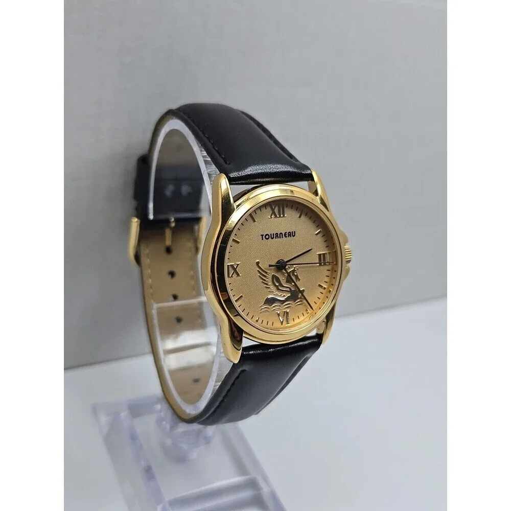 Tourneau Pegasus Limited Edition Gold Tone Black Leather Quartz Watch New Batter