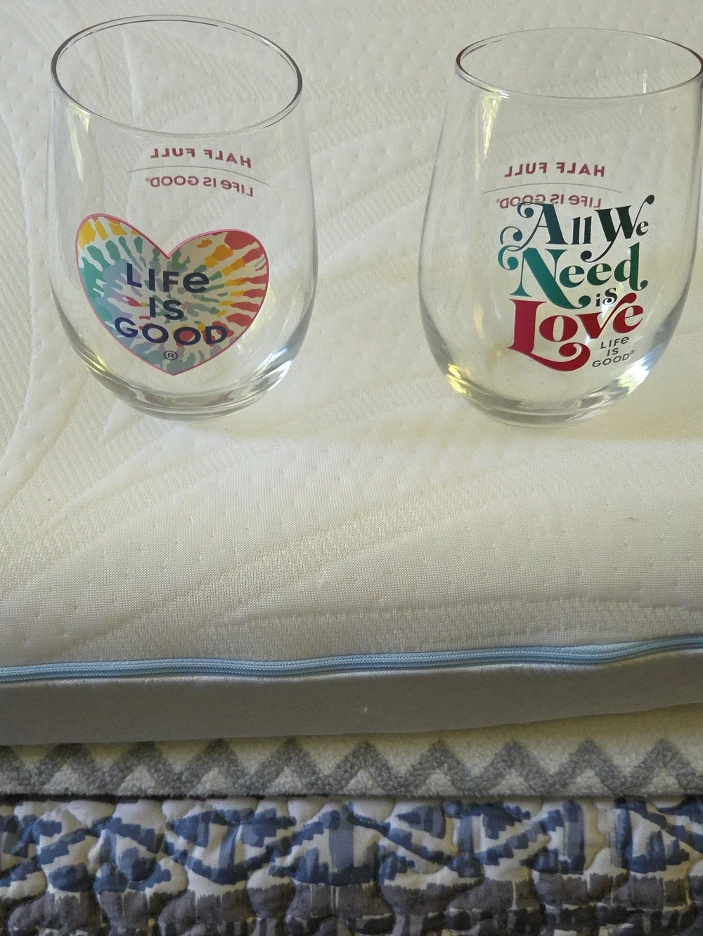 Life Is Good Stemless Wine Glasses.