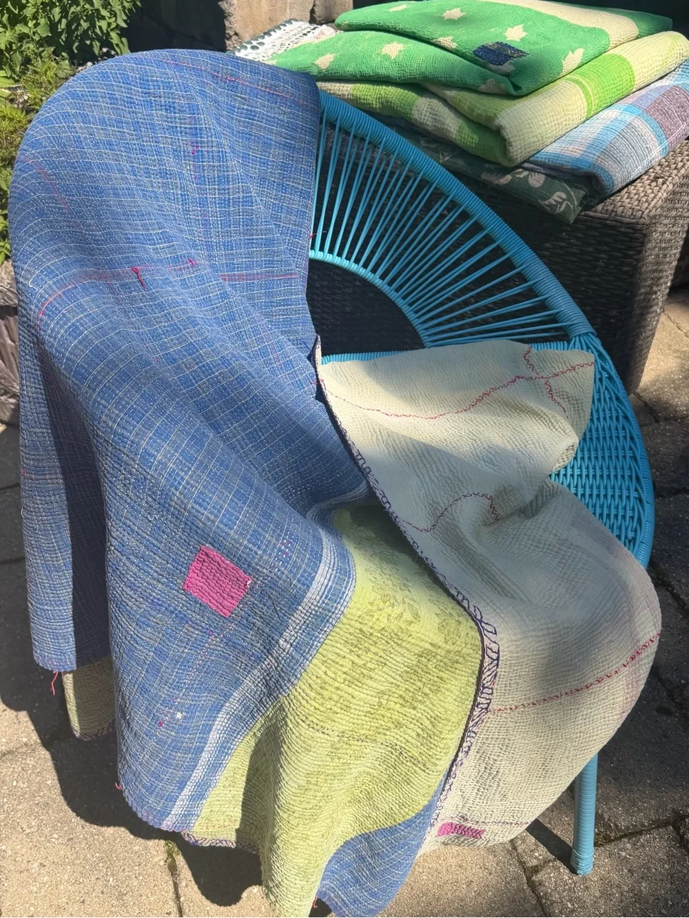 Handwoven Blue and Lime Kantha Throw with Pink Patches