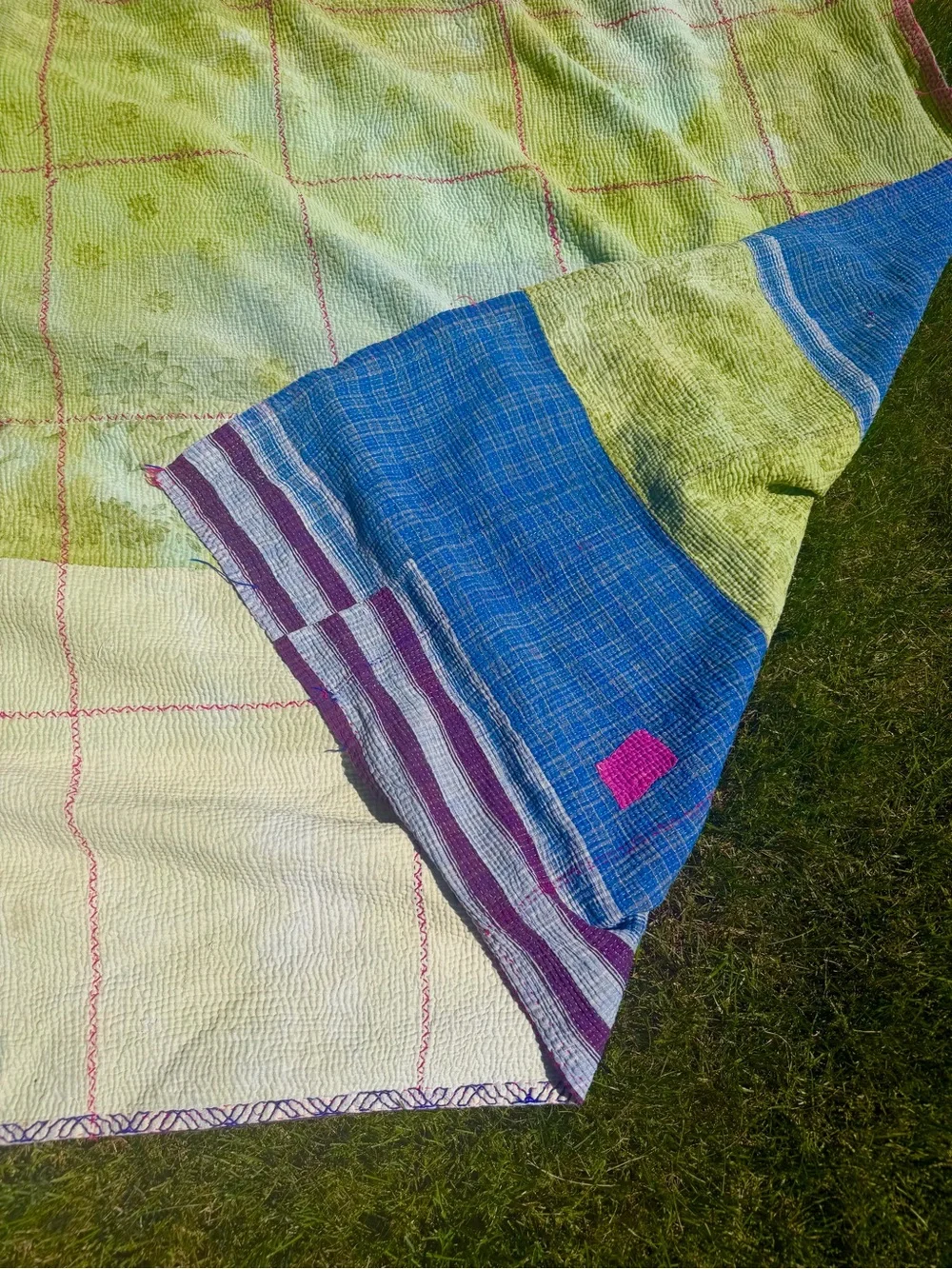 Handwoven Blue and Lime Kantha Throw with Pink Patches