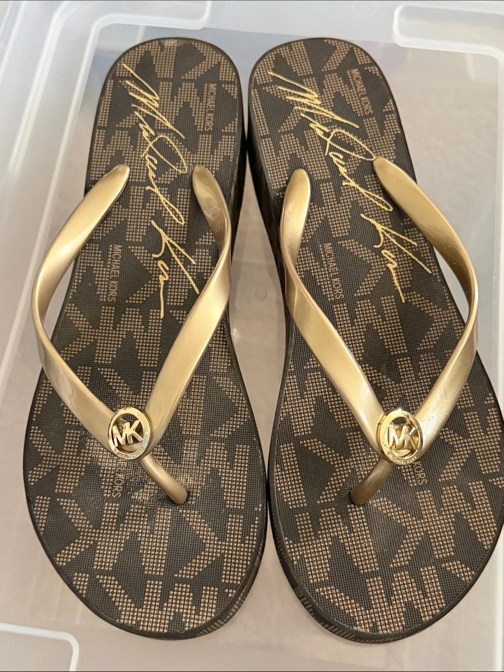 Michael Kors Brown Logo Footbed with Gold Straps Flip Sandals