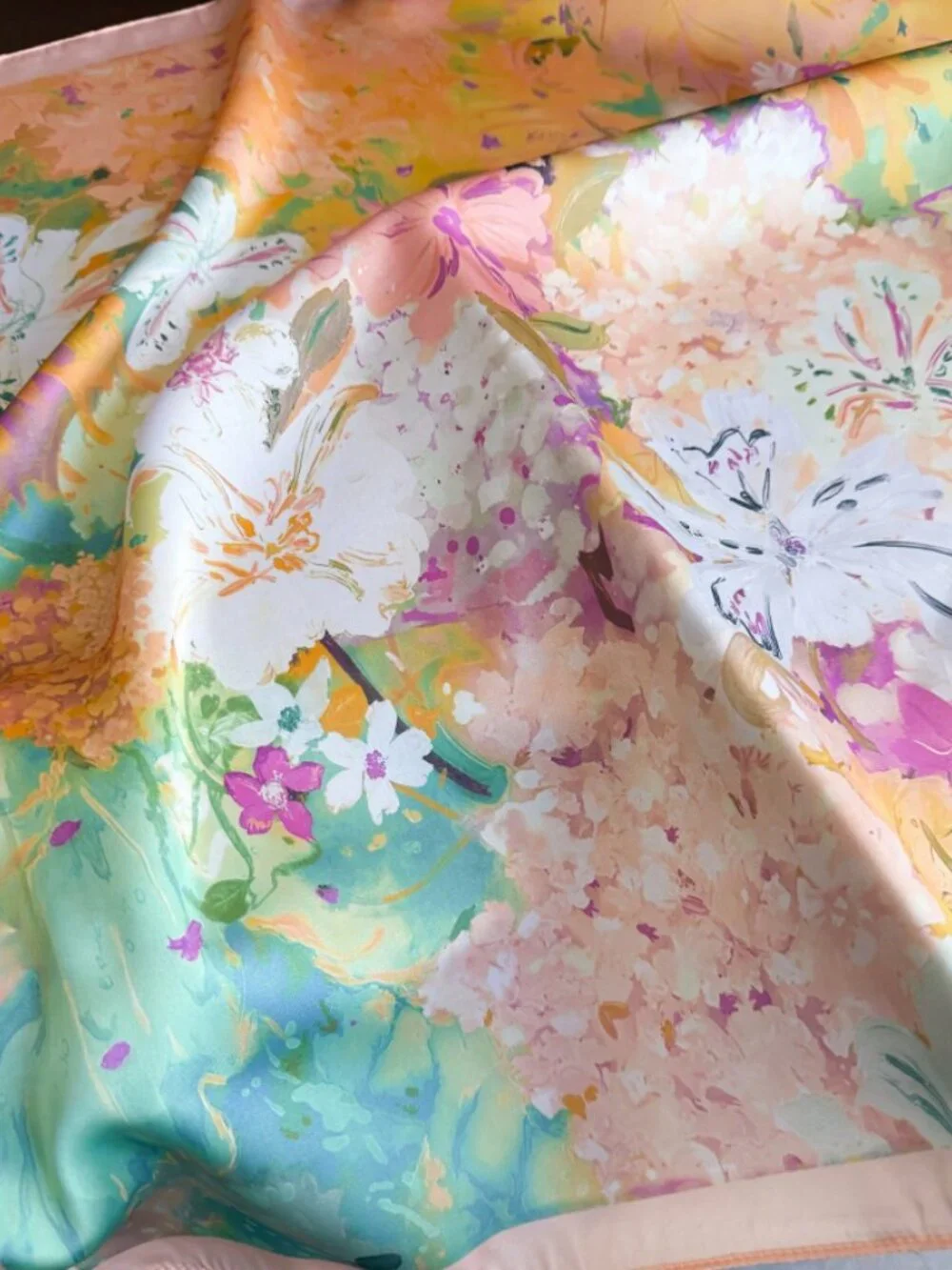 Watercolor Floral Satin Square Scarf 26.4