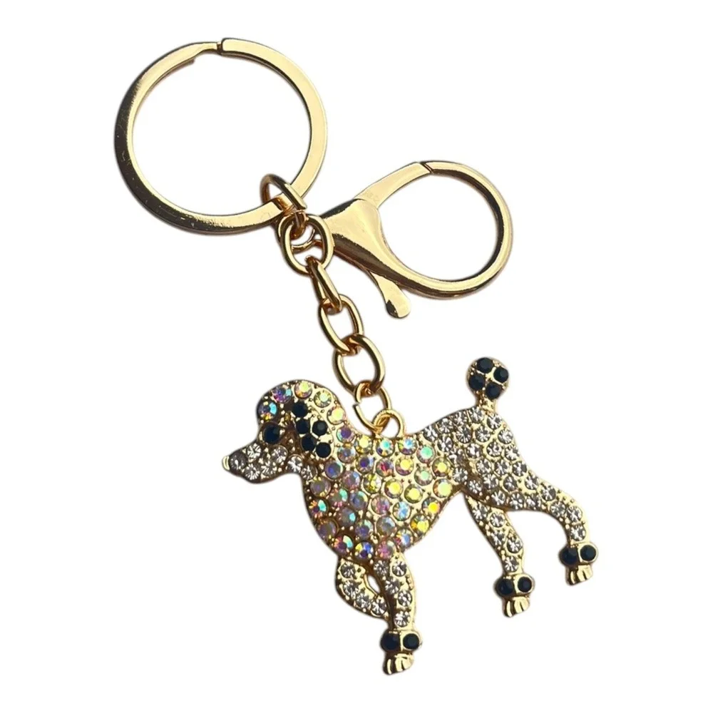 Gold Tone Iridescent Rhinestone Poodle Dog Key Chain Women's Bling Charm 4