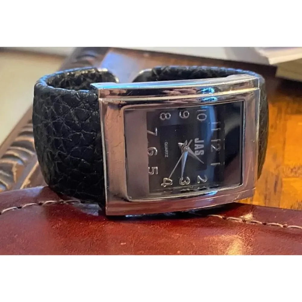 Women's JAS Silver Tone Watch, Black Leather Wrapped Band and Face