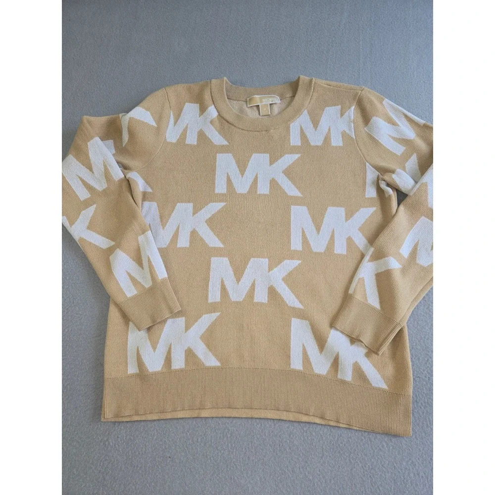 Michael Kors MK Logo Sweater Womens Medium Camel White Monogram Crewneck