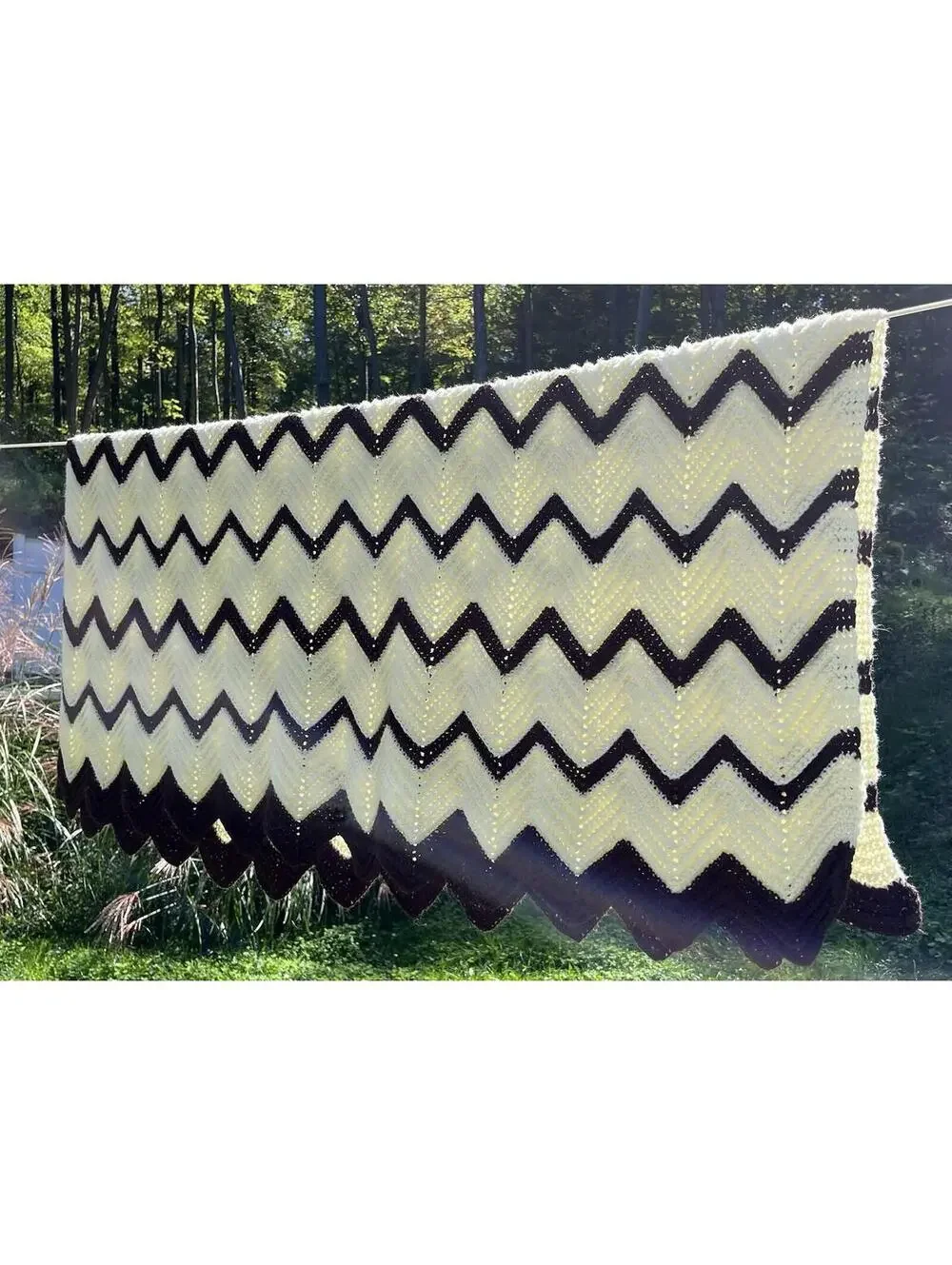 53x52” Cream Brown Chevron Acrylic Vintage Boho Granny Afghan 70s