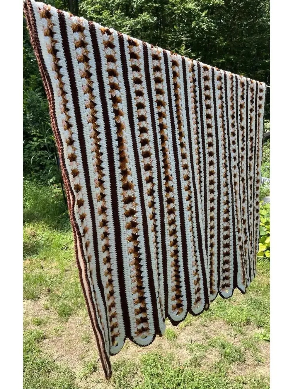 44x78” White Light Dark Brown Scalloped Edge Striped Afghan Neutral Color MCM