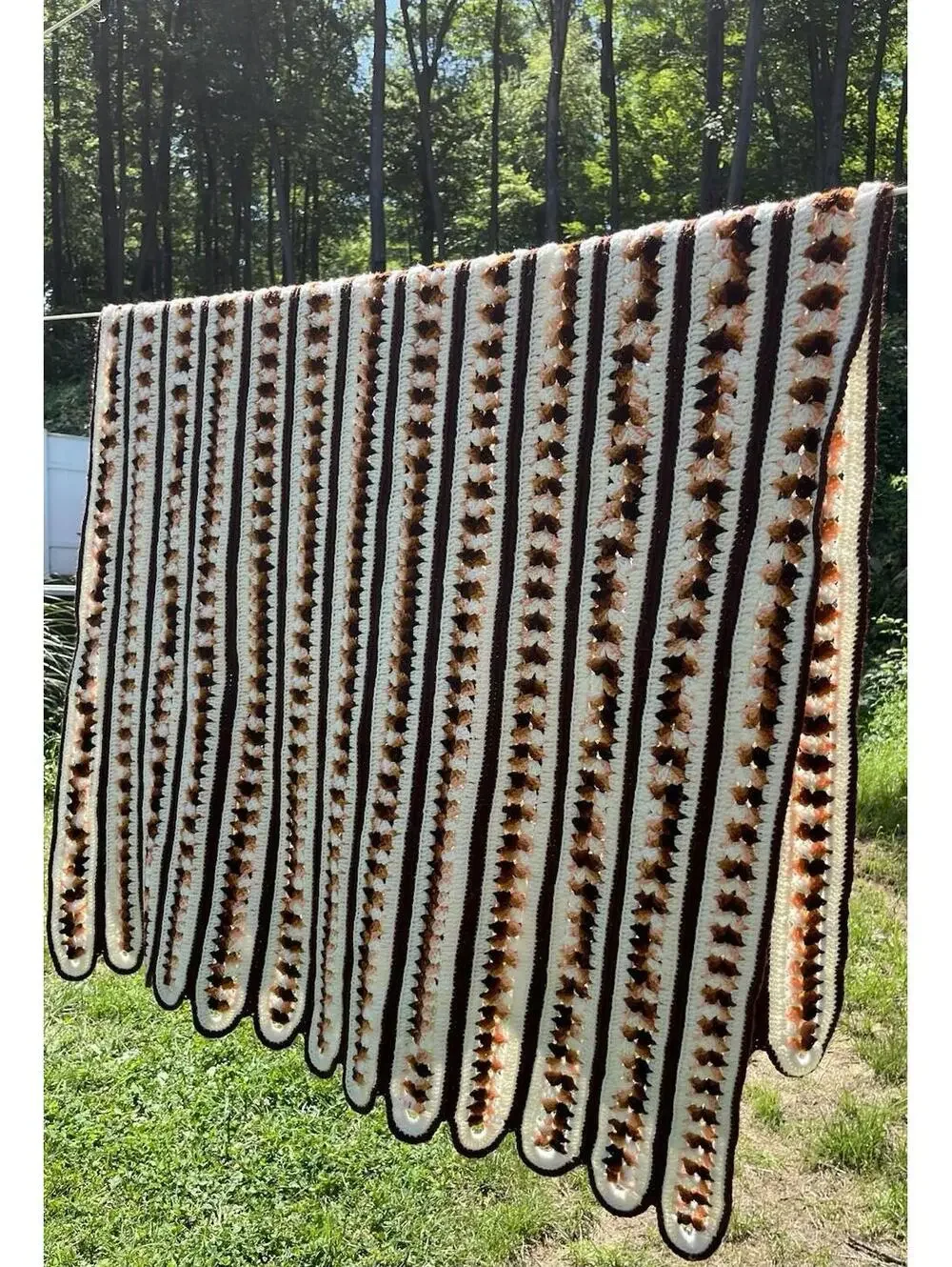 44x78” White Light Dark Brown Scalloped Edge Striped Afghan Neutral Color MCM