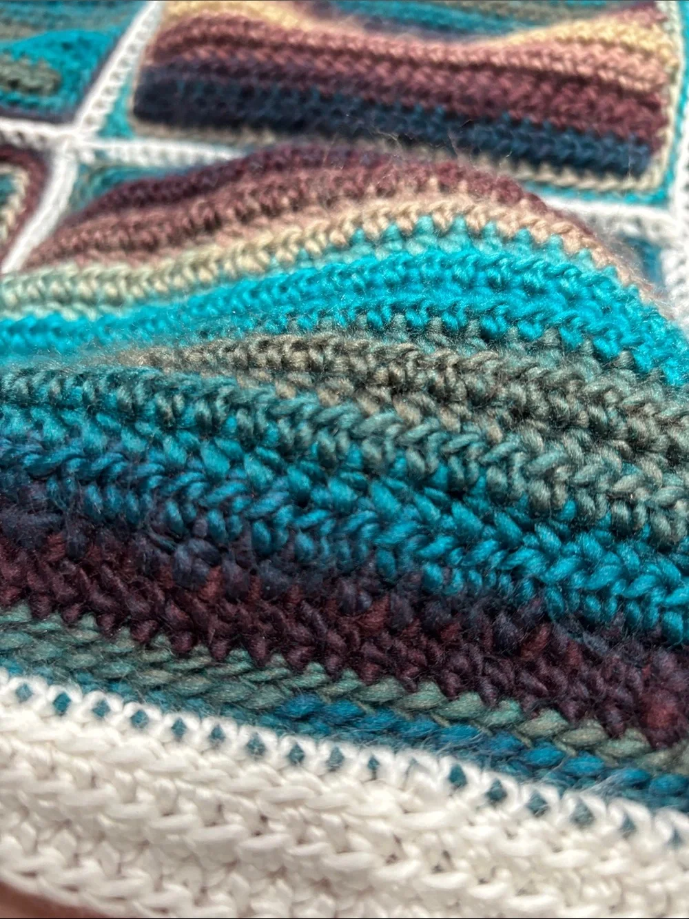 Handmade Crochet Patchwork Throw Blanket in Teal, Purple & Brown