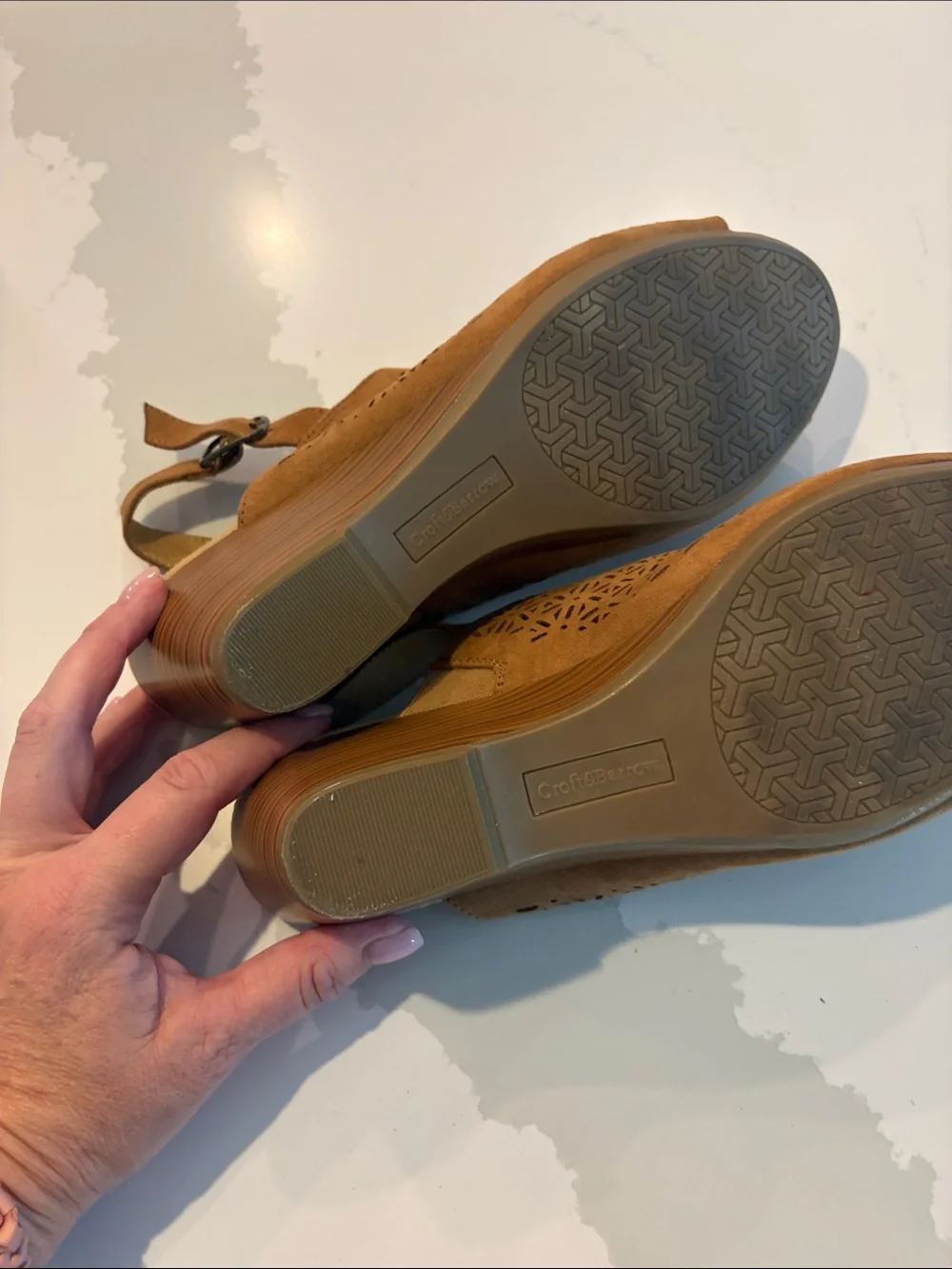 Women's Size 9 Tan Perforated Wedge Slingback Sandals