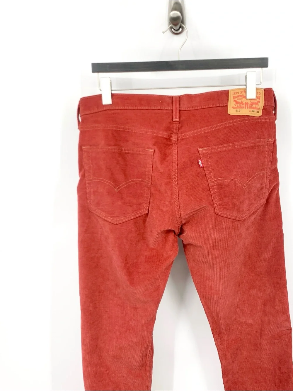 Levis Men Size 36 x 33 Pants 512 Slim Taper Fit Red Corduroy Cotton Stretch Jean