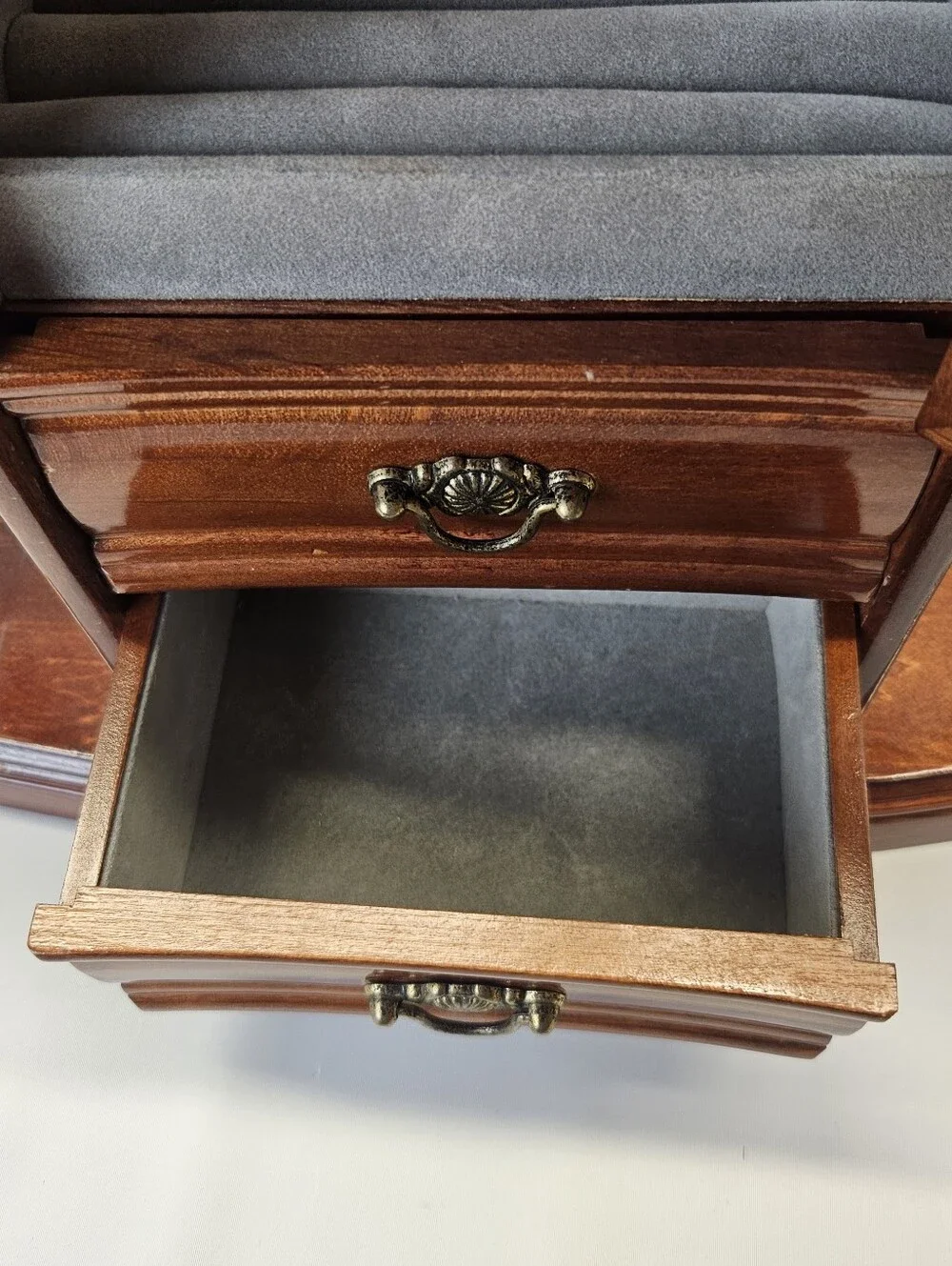 Vintage Wooden Jewelry Armoire Box 2 Drawers Ring Etched Glass Doors Felt Lined