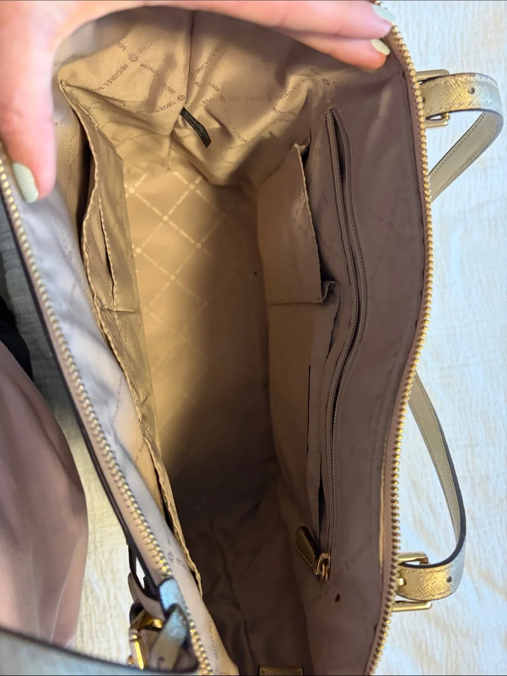 Michael Kors Metallic Champagne Leather Tote with MK Charm
