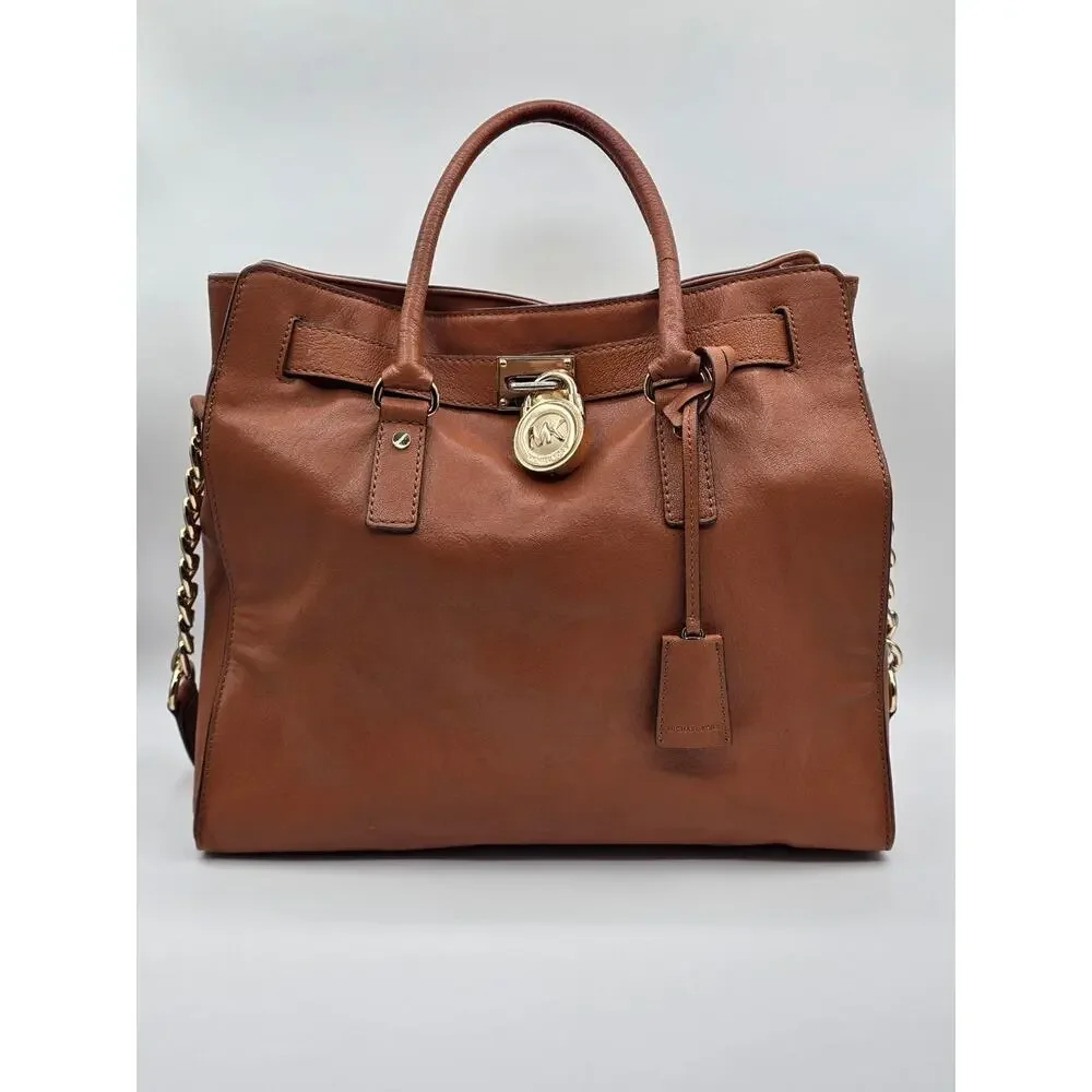 Michael Kors Hamilton Large Leather Tote Satchel Luggage Brown Gold Lock Key