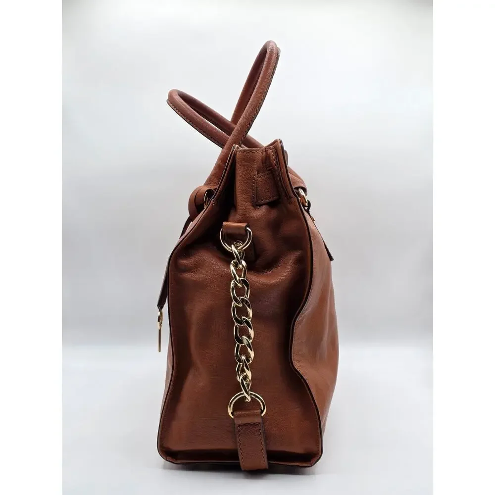 Michael Kors Hamilton Large Leather Tote Satchel Luggage Brown Gold Lock Key