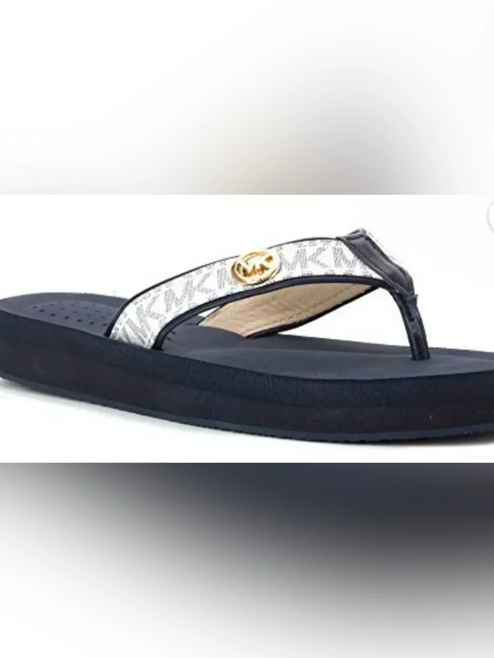 Michael Kors Navy and White Logo Thong Sandals with Gold Accent