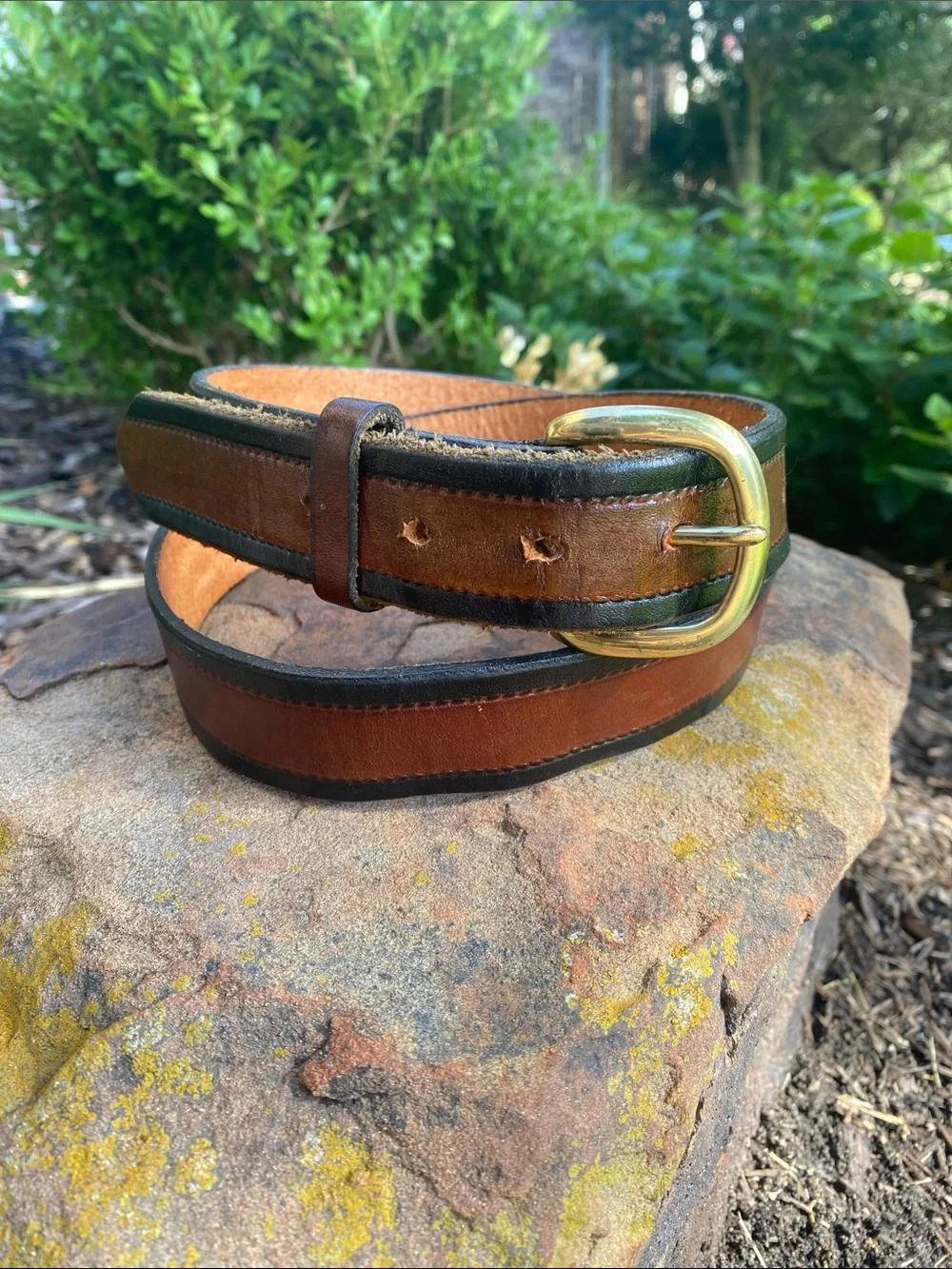 Two-Tone Brown Leather Belt with Black Edges & Brass Buckle