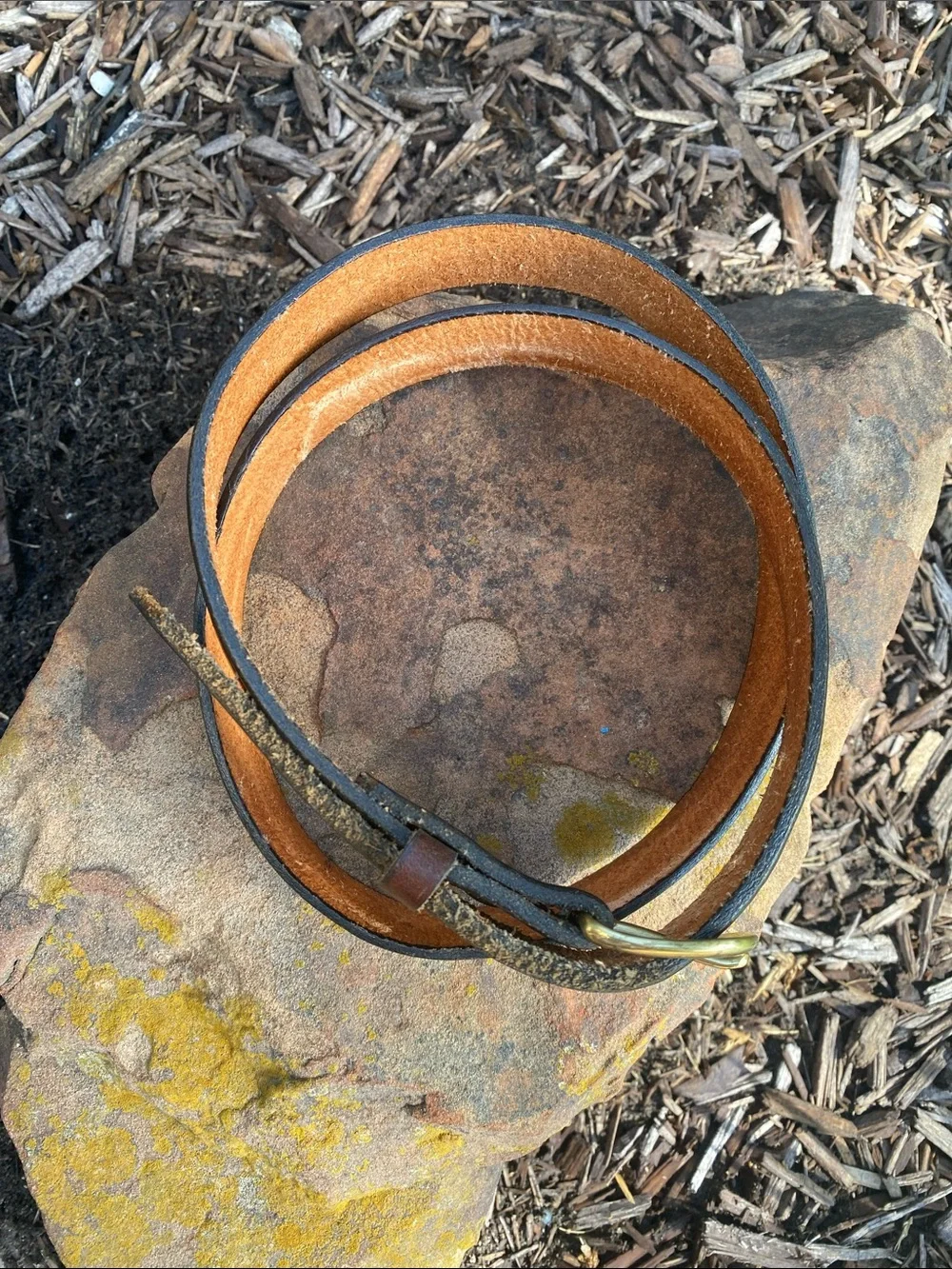 Two-Tone Brown Leather Belt with Black Edges & Brass Buckle