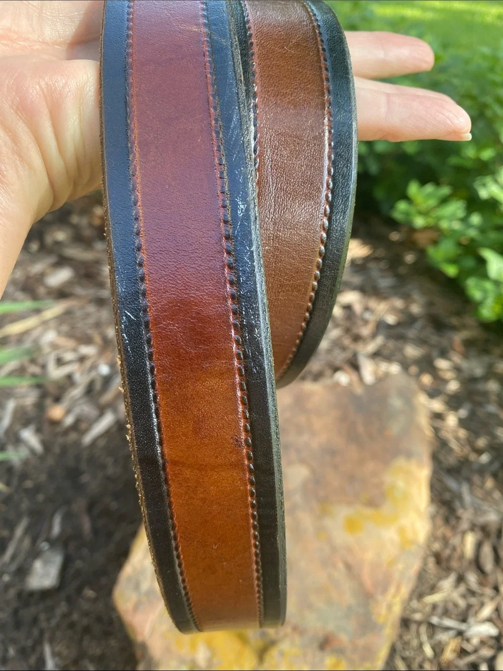 Two-Tone Brown Leather Belt with Black Edges & Brass Buckle