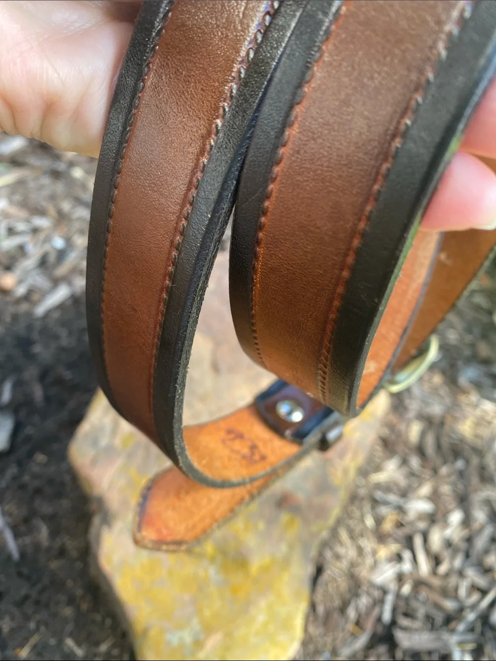 Two-Tone Brown Leather Belt with Black Edges & Brass Buckle