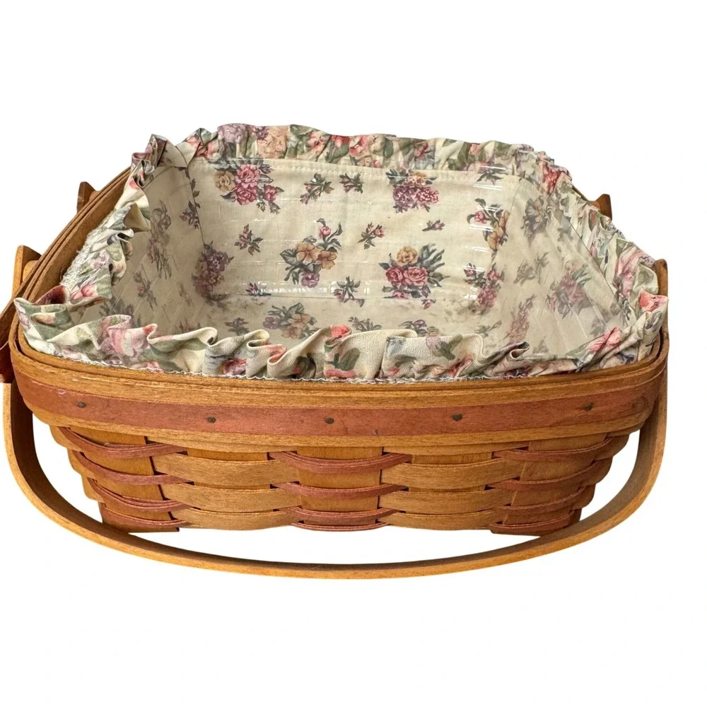 Longaberger 1992 Handwoven Square Basket Floral Liner Plastic Insert Signed TH
