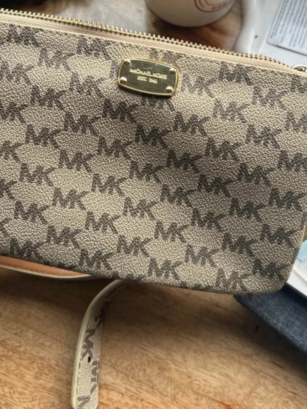 Michael Kors Beige and Brown MK Monogram Wristlet