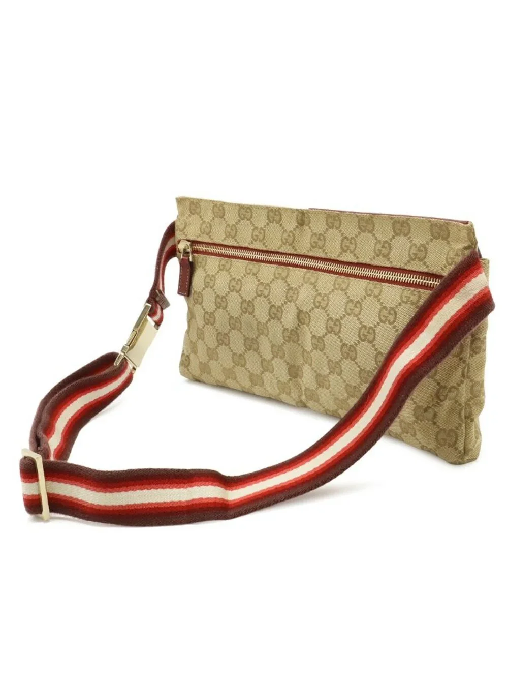 Gucci GG Canvas Sherry Line Belt Bag Waist Pouch Hip Leather Beige Pink Red Gold