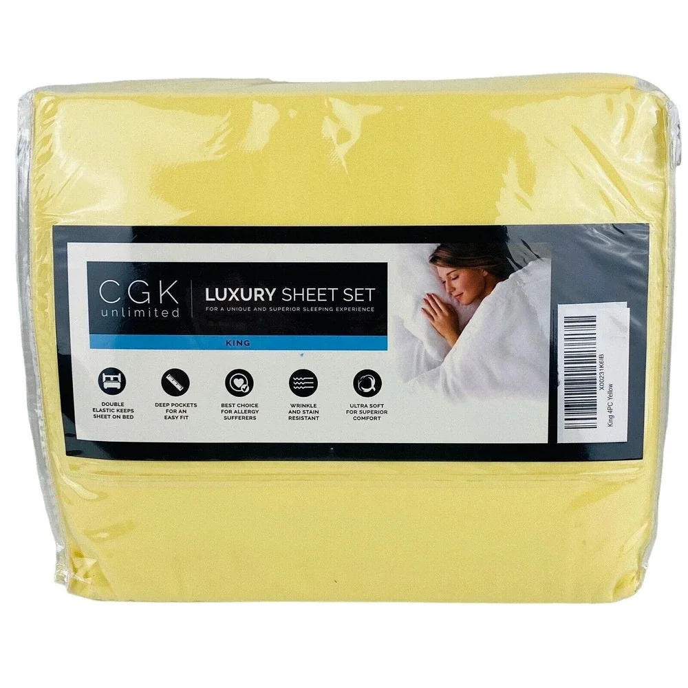 CGK Unlimited Luxury Bed Sheet Set King Size Yellow Deep Pockets Double Elastic‎