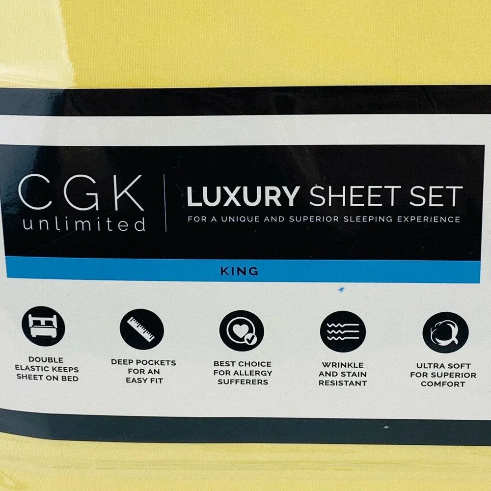 CGK Unlimited Luxury Bed Sheet Set King Size Yellow Deep Pockets Double Elastic‎