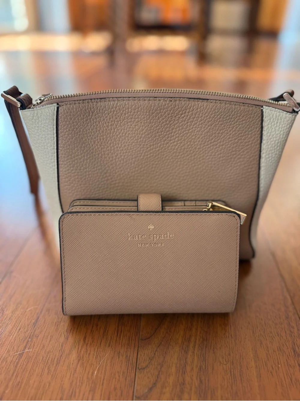 kate spade Taupe and Cream Pebbled Leather Crossbody with Matching Wallet
