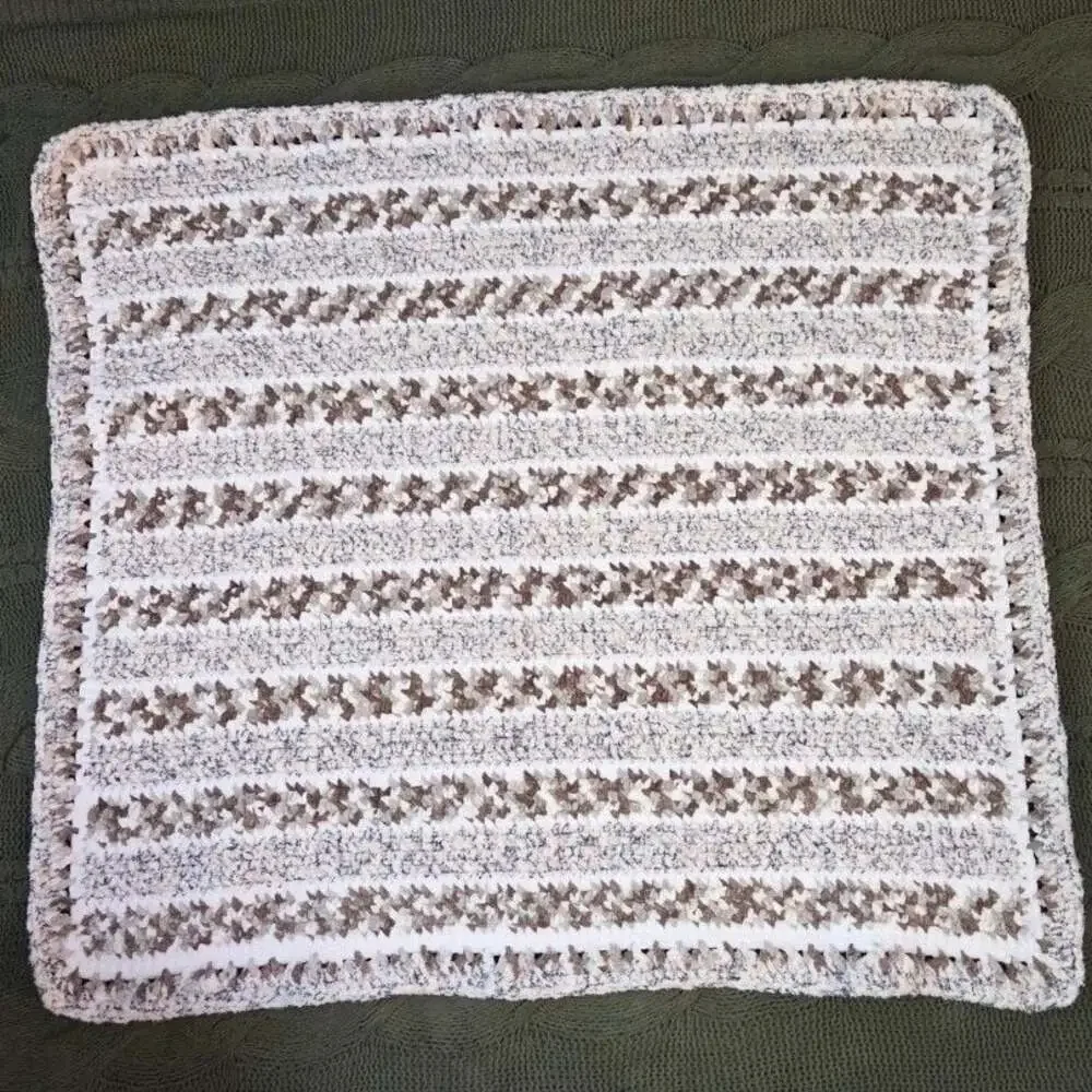 Handmade Knit Baby Blanket Fuzzy White Brown Blue Striped