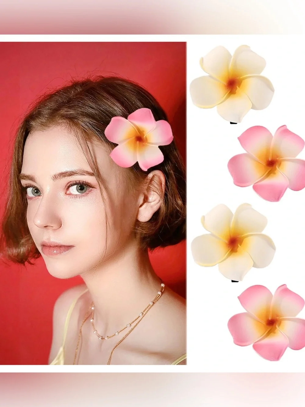 4Pcs Hawaiian Flower Hair Clips White and Pink Plumeria Hair Flower NEW