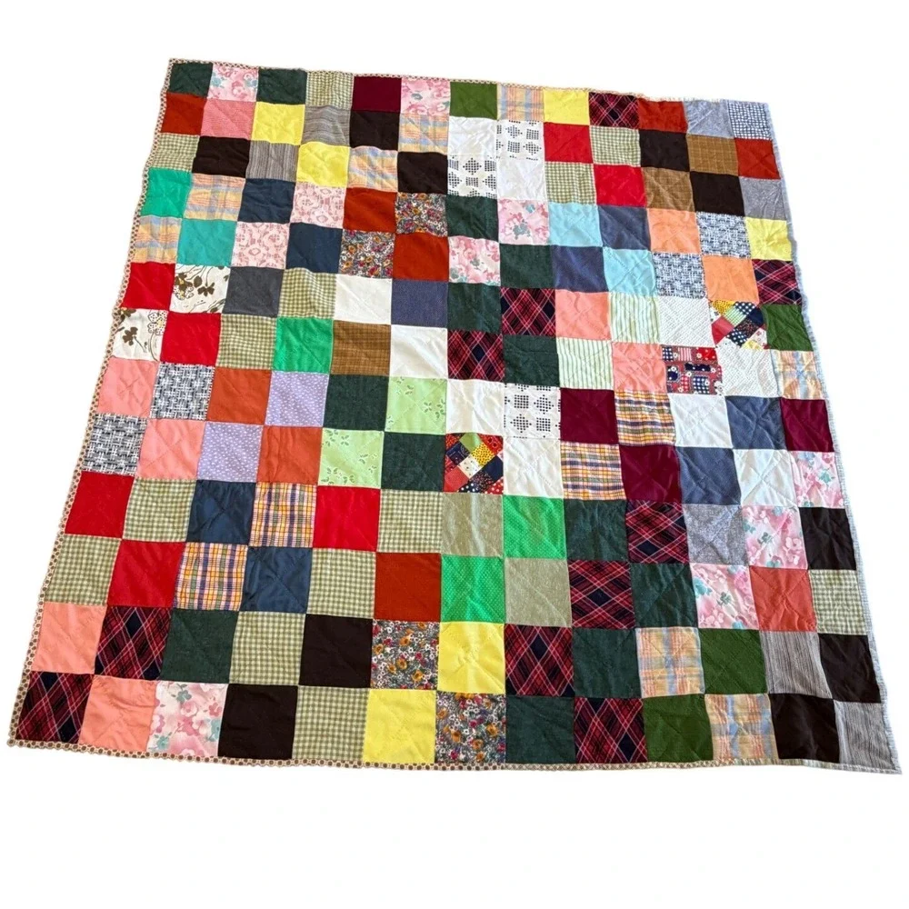 Vintage Handmade Patchwork Quilt Multi Color Plaid Floral Gingham APPROX 78x81