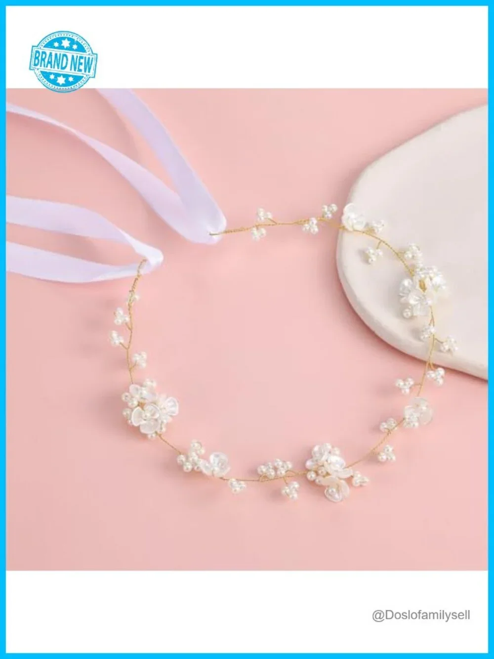 Pearl Flower Hairband with Ribbon Ties - Handmade Wedding Headpiece