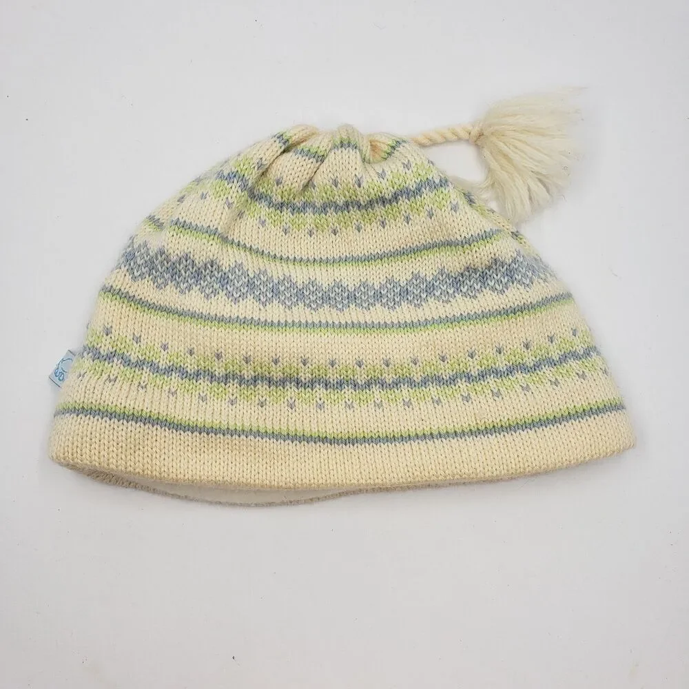 Turtle Fur Beanie Hat Womens Ivory Fair Isle Fleece Lined Wool Blend Tassel Cap