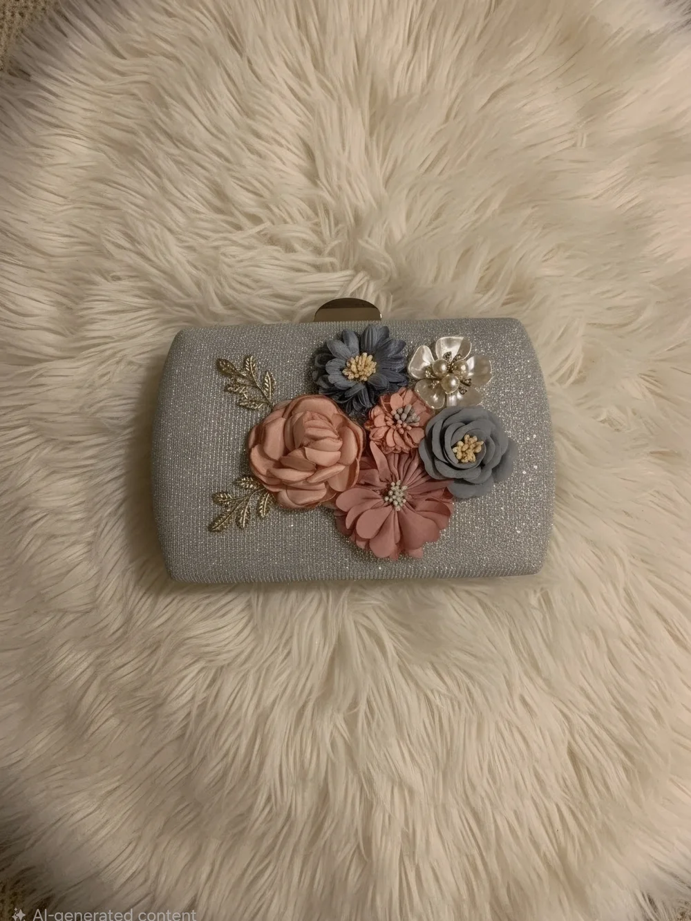 Floral Embellished Silver Evening Clutch - Elegant Women’s Bag
