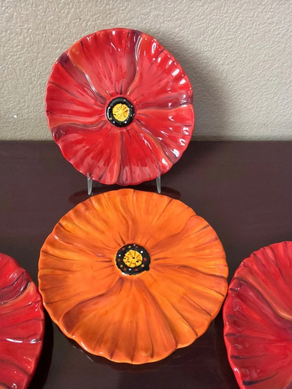 Set of 4 Clay Art Poppies Figural Appetizer Plates Red Orange Floral Ceramic 6