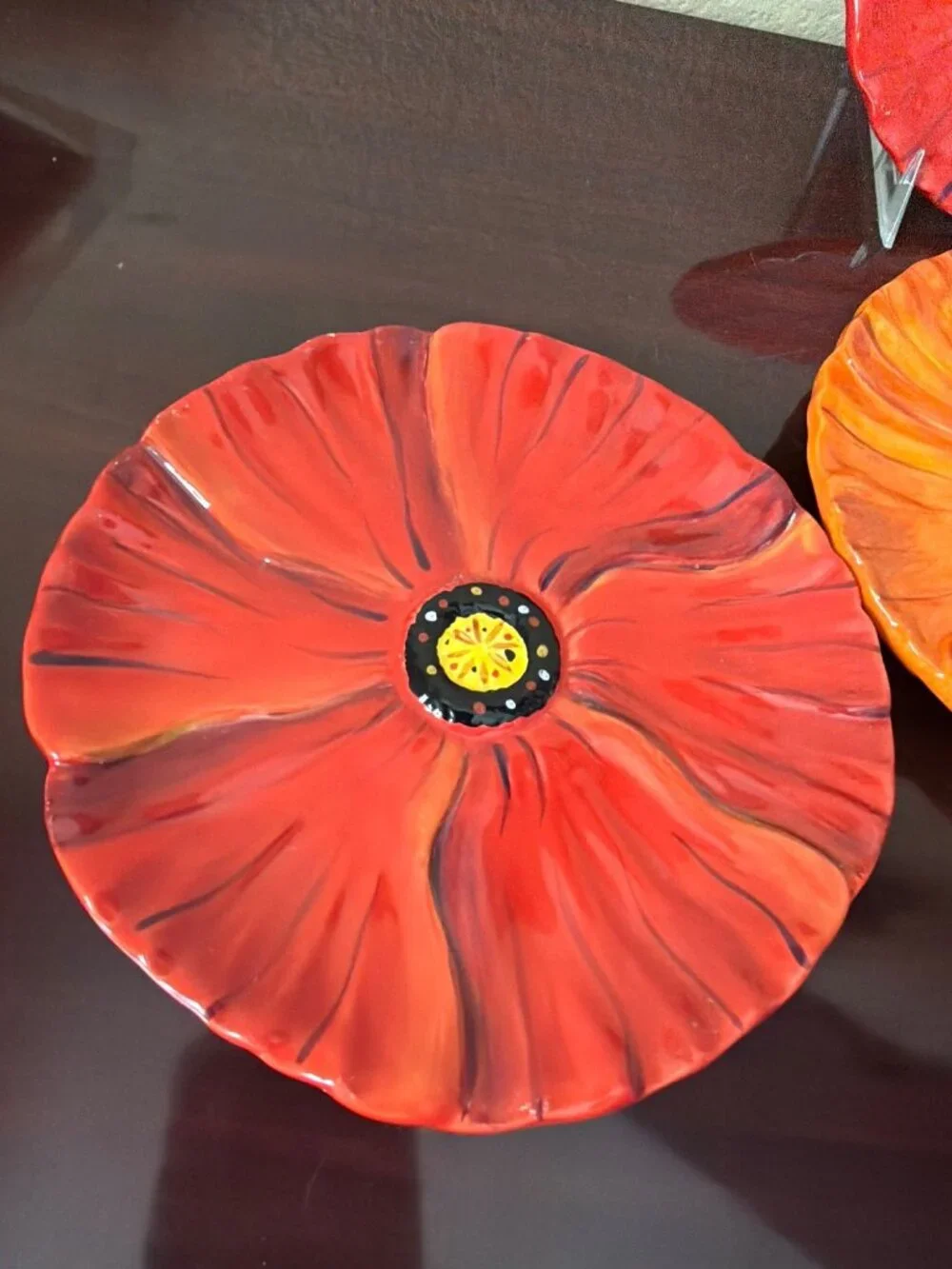 Set of 4 Clay Art Poppies Figural Appetizer Plates Red Orange Floral Ceramic 6