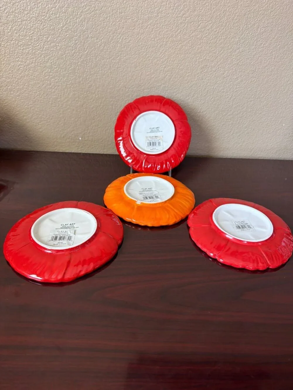 Set of 4 Clay Art Poppies Figural Appetizer Plates Red Orange Floral Ceramic 6