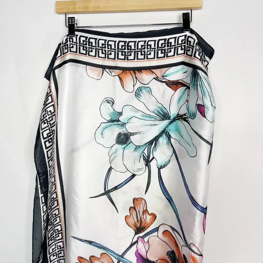 New Chicos Tropical Floral BC Square Scarf White Black Geometric Blue Yellow