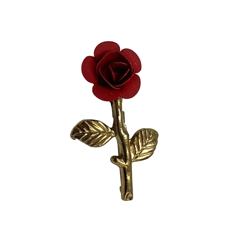 Vtg Gold Tone Red Rose Flower Brooch Pin Textured Stem Leaf Botanical Jewelry