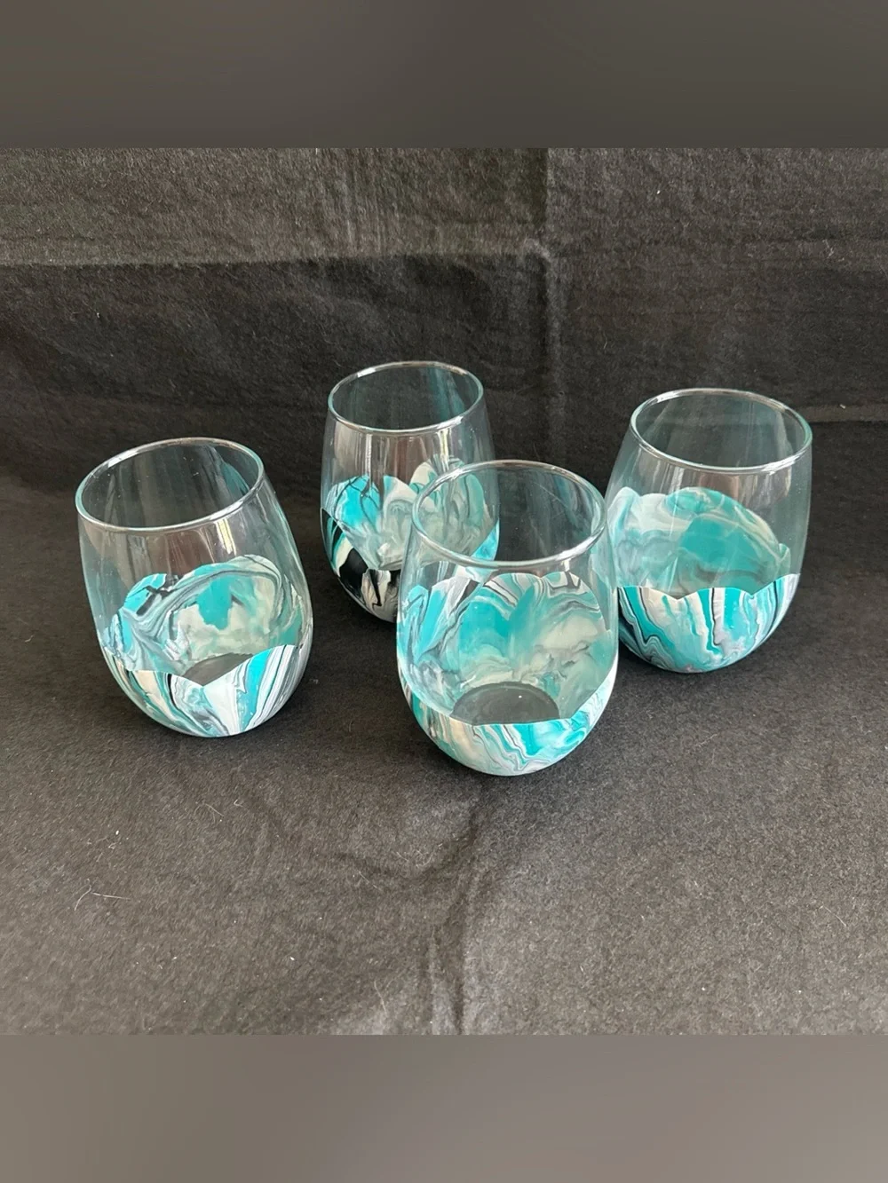 Water Marbled Stemless Wine Glasses Set Of 4 Handmade Unique Turquoise White