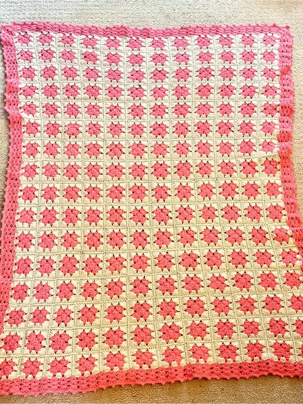 Vintage 70s Boho Crocheted Pink Gray Floral Granny Square Afghan Throw